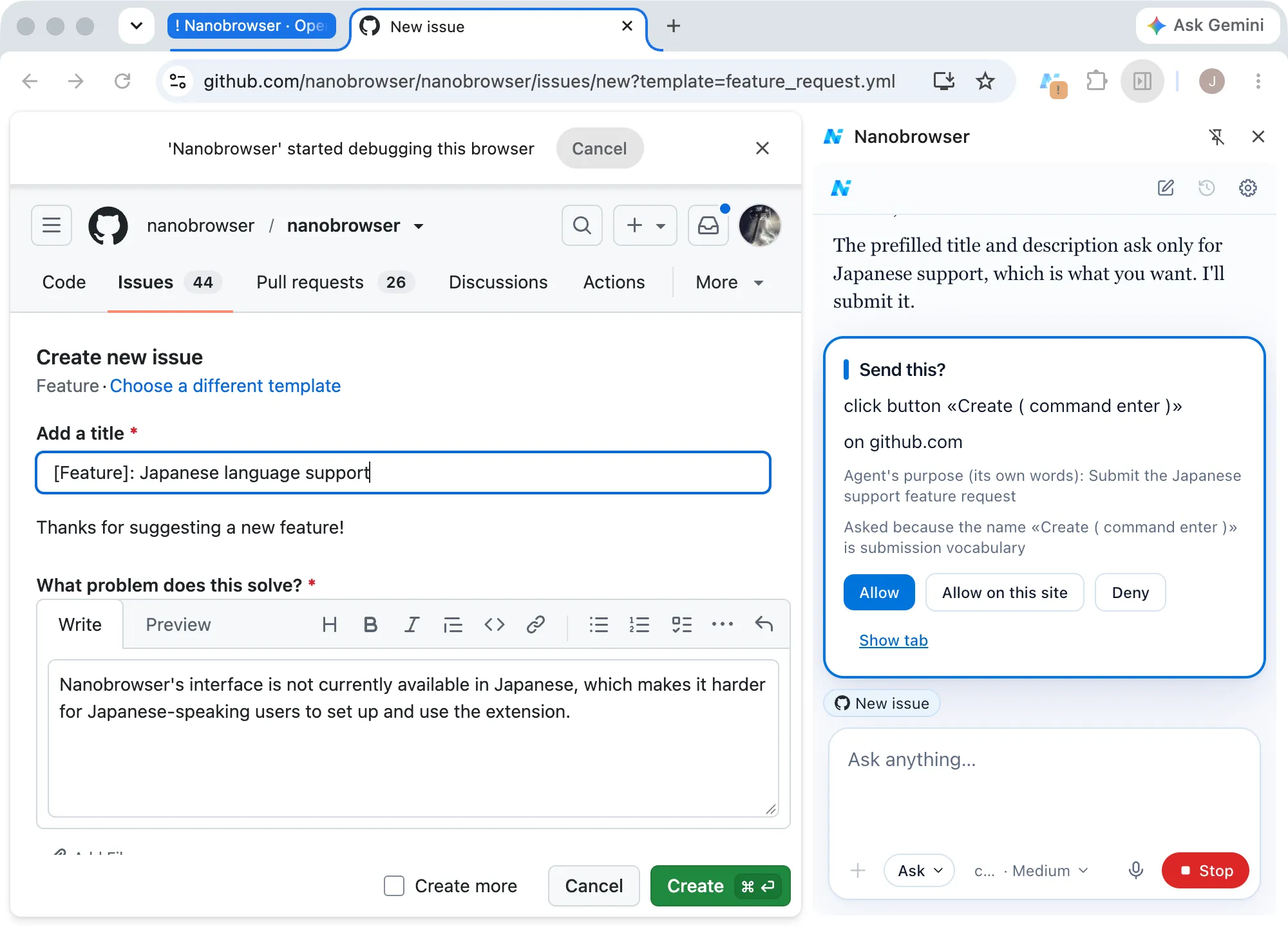 An approval card titled Send this? asking to click Create on a filled-in GitHub issue form, with Allow, Allow on this site and Deny